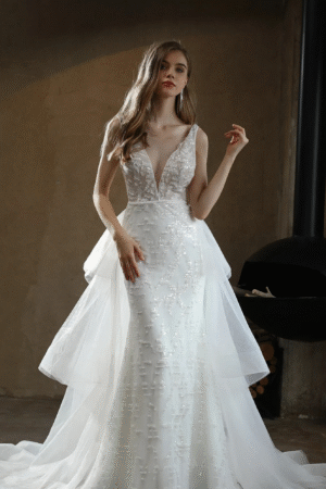 Allover Beaded Sheath Sequins V Neck Wedding Dress With Overskirt